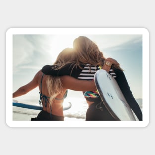 Rio de Janeiro - Two Sexy Female Surfer Girls Holding Surfboards and Hugging Each Other Sticker